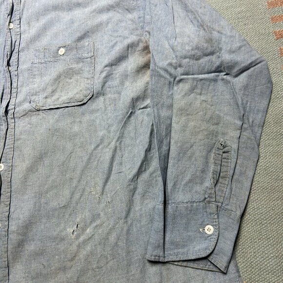 Vintage 1960s chambray work shirt Washington Dee Cee worn stained distressed XL - Picture 5 of 16